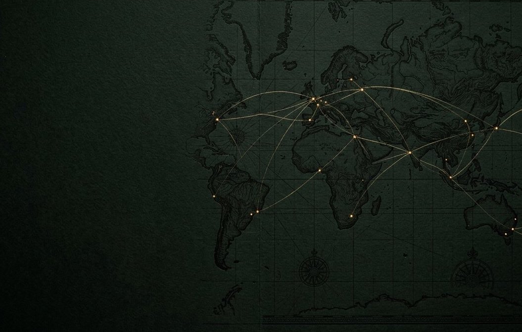 Mapa-múndi escuro com pontos e linhas douradas indicando transformações simultâneas em diferentes regiões